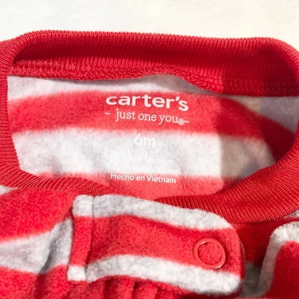 5/$25 NEW Carter's 6m Red Grey‎ Stripe Reindeer Fleece Footed Pajamas Sleeper
